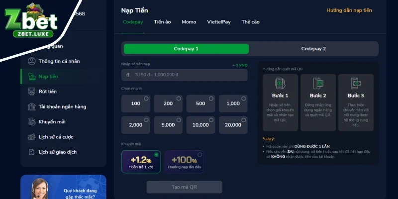 Nạp tiền ZBET nhanh chóng, an toàn qua Code Pay