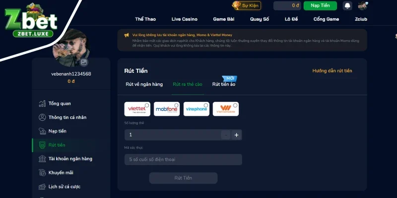 Rút tiền ZBET đổi thưởng bằng thẻ cào điện thoại