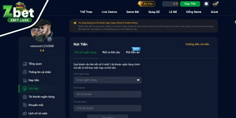 Rút tiền ZBET về ngân hàng