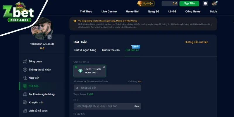 Rút tiền ZBET về tiền ảo